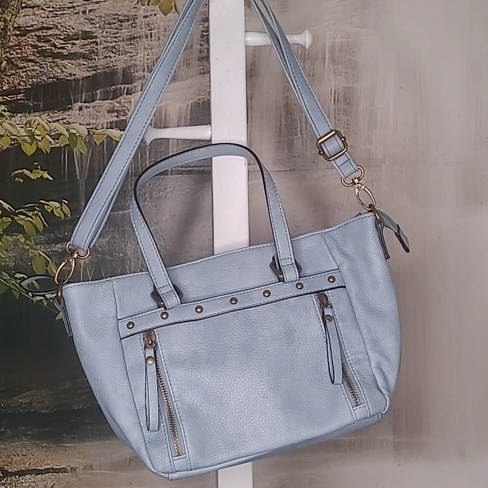 Bueno over the shoulder purse handbag light blue pebbled faux leather